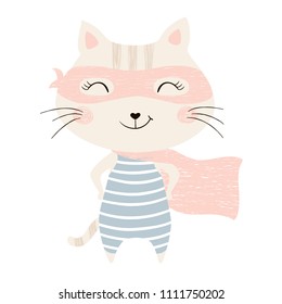 Super hero kitty cute baby print. Sweet cat with funny costume, mask and cape. Fashion child vector. Cool scandinavian illustration for t-shirt, kids apparel, invitation design