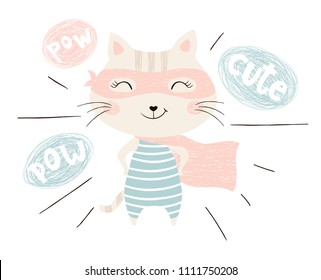 Super hero kitty cute baby print. Sweet cat with funny costume, mask and cape. Fashion child vector. Cool scandinavian illustration for t-shirt, kids apparel, invitation design