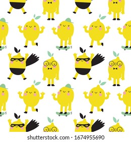 Super Hero Lemon. Dibujo manual de verano con limón. Vector Lemon - carácter. Tinta para tela o papel pintado.