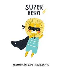 Super hero lion cub isolated on white background. vector illustration in a modern cartoon style, for printing on packaging paper, postcard, poster, banner, clothing. Cute children's background