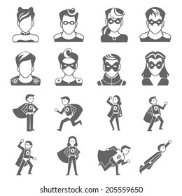 Super hero male and female avatars in superman costumes set isolated vector illustration