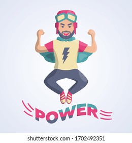 Super hero man with flash sign on t-shirt and word power. Flat design, modern illustration