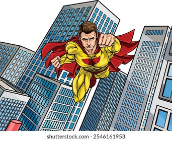 A super hero man flying through a city in a classic superhero pose