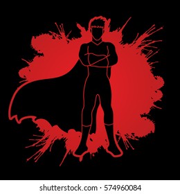 Super hero man standing arms across the chest design on splatter ink background graphic vector.