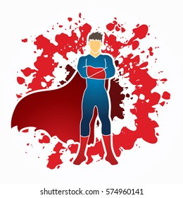 Super hero man standing arms across the chest design on splatter blood background graphic vector.