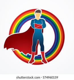 Super hero man standing arms across the chest design on line rainbows background graphic vector.