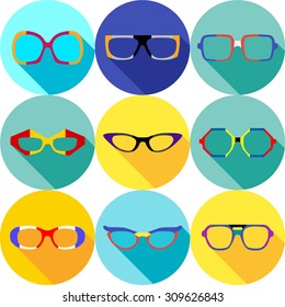 Super hero mask glasses collection. Flat style avatar icon. Colorful vector illustration eps 8. Man and women, retro, wayfarer, aviator, geek, hipster eyeglasses frames in different character colors. 