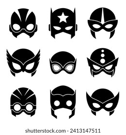 Super hero masks set black icons. Superhero face masque and masking cartoon character. Comic book mask collection. Heroic or savior vector illustration