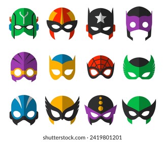 Super hero masks set. Superhero face masque and masking cartoon character. Comic book mask collection. Heroic or savior vector illustration