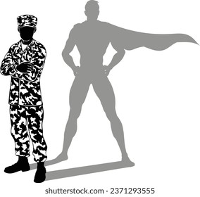 A super hero military army soldier man in silhouette. Revealed to be a superhero by his shadow.