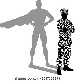 A super hero military army soldier man in silhouette. Revealed to be a superhero by his shadow.