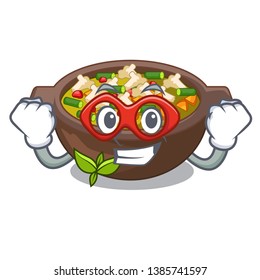 Super hero minestrone is served in cartoon bowl