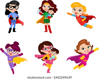 Super Hero Mom Cartoon Characters. Vector Flat Design Collection Set Isolated On Transparent Background