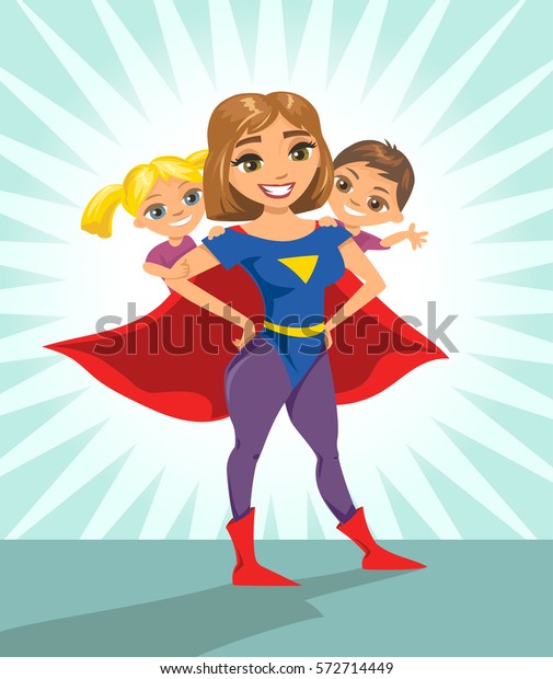 スーパーヒーロー スーパーママ 幸せな笑顔のスーパーマザーと子ども