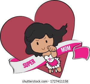 Super hero mom in super hero outfit with a heart shape background