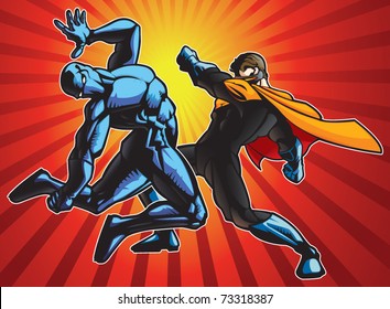 Super hero and a ninja doing battle.