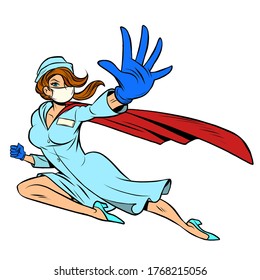 super hero nurse flies and protects from the epidemic. Comics caricature pop art retro illustration drawing