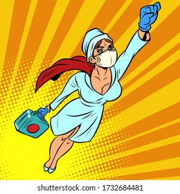 Super Hero Nurse Flying With A Vaccine Against The Virus. Comics Caricature Pop Art Retro Illustration Drawing