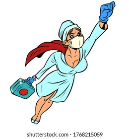 super hero nurse flying with a vaccine against the virus. Comics caricature pop art retro illustration drawing