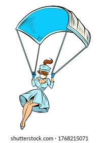 super hero nurse goes down on a parachute like a medical mask. Comics caricature pop art retro illustration drawing