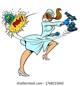 super hero nurse kills coronavirus, scientific research. Comics caricature pop art retro illustration drawing
