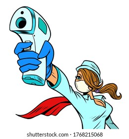 super hero nurse with remote thermometer. Comics caricature pop art retro illustration drawing