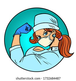 Super Hero Nurse We Can Do It Gesture. Comics Caricature Pop Art Retro Illustration Drawing