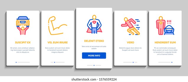 Pantalla de la página de aplicación móvil Super Hero Onboarding. Héroe Super Hombre Silhouette And Woman, Face Mask Y Muscular Power Concept Illustrations
