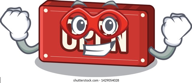 Super hero open sign isolated in the cartoon