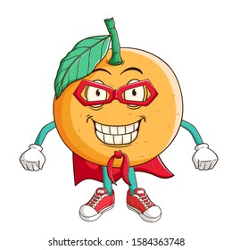 Super hero of orange fruit cartoon character with funny smile face