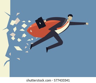 Super hero overcome barrier. Super businessman punches through the wall. Business concepts in vector.