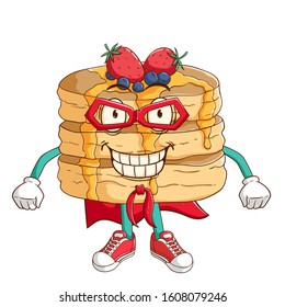 Super hero of pancake cartoon character with funny smile face
