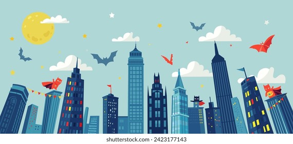 Super hero party comic-style horizontal background with city silhouette and clouds. Vector Illustration