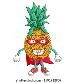 Super hero of pineapple cartoon character with funny smile face
