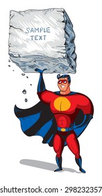 Super hero raises a big boulder with text. Template ready for your message. Funny cartoon character. Vector illustration. Isolated on white background