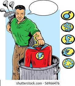 Super hero retiring or quitting his job. With vectore, crest can be removed and others on side can be used.