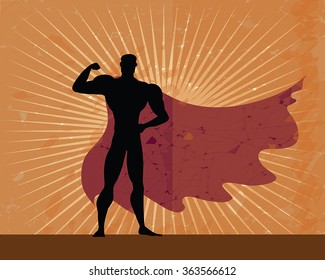 Super hero retro american poster - Super man posing  over grunge starburst background. Surer hero beige background - aged star rays texture, crackled and scratched. Super hero vector illustration.