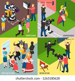 Super Hero And Romantic Movies Motion Capture Cinema Props And Costumes Isometric Design Concept Isolated Vector Illustration