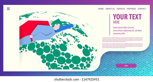 Super hero service engineer global world tech. Data connection isometric technology. Digital vector illustration. Site page template.