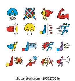 Super Hero Sign Color Thin Line Icons Set. Vector