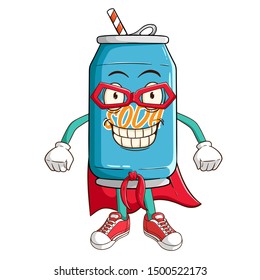 Super hero soda can cartoon character with funny smile face