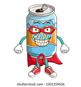 Super hero soda can cartoon character with funny smile face