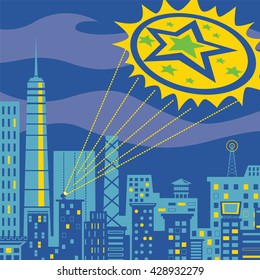 Super hero spotlight signal over the skyline - Vector Illustration