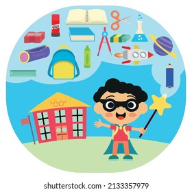 Super hero student and school objects