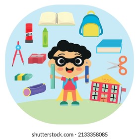 Super hero student and school objects