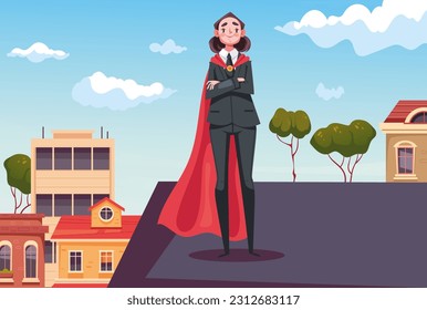 Super hero superhero office business employee standing on roof. Vector design graphic illustration
