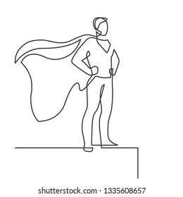 Super hero. Superman on roof  - continuous line drawing. Vector illustration