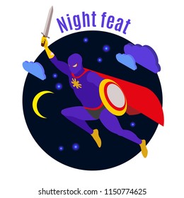 Super hero with sword and shield during night activity on dark background isometric vector illustration