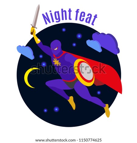 Super hero with sword and shield during night activity on dark background isometric vector illustration