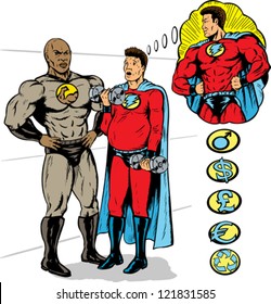 Super hero training to be the hero he wants to be by a super trainer. With vector, all heroes are on separate layers.